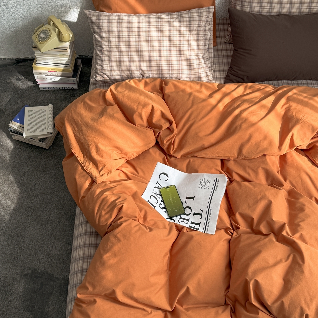 91家纺网 家纺一手货源 找家纺 蜜宿 2026新款全棉纯棉40s水洗棉四件套-橘子茶 橘子茶（枕套格纹）