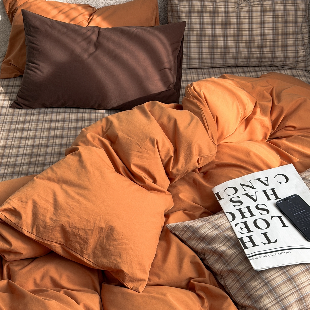91家纺网 家纺一手货源 找家纺 蜜宿 2026新款全棉纯棉40s水洗棉四件套-橘子茶 橘子茶（枕套格纹）