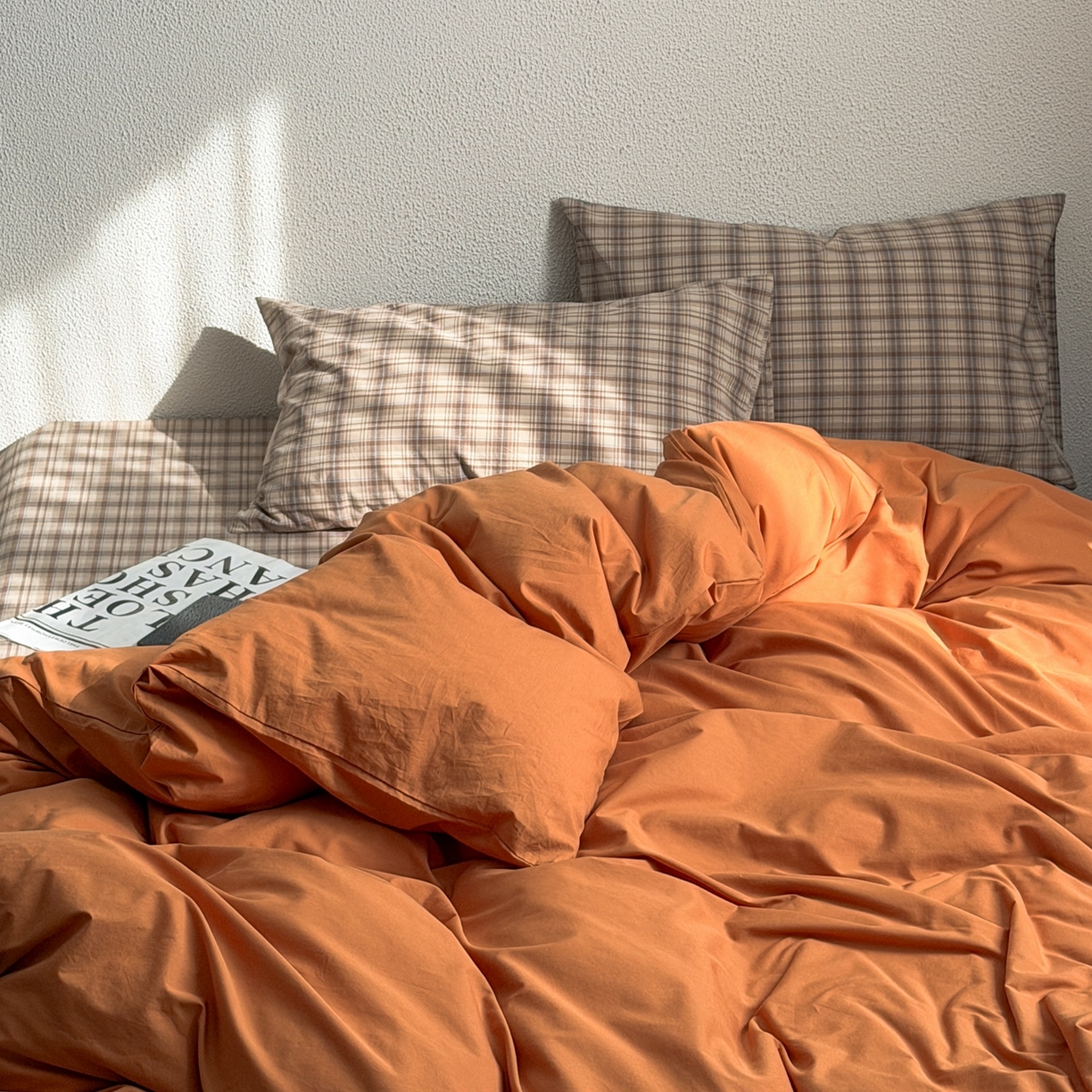 蜜宿 2026新款全棉纯棉40s水洗棉四件套-橘子茶 橘子茶（枕套格纹）