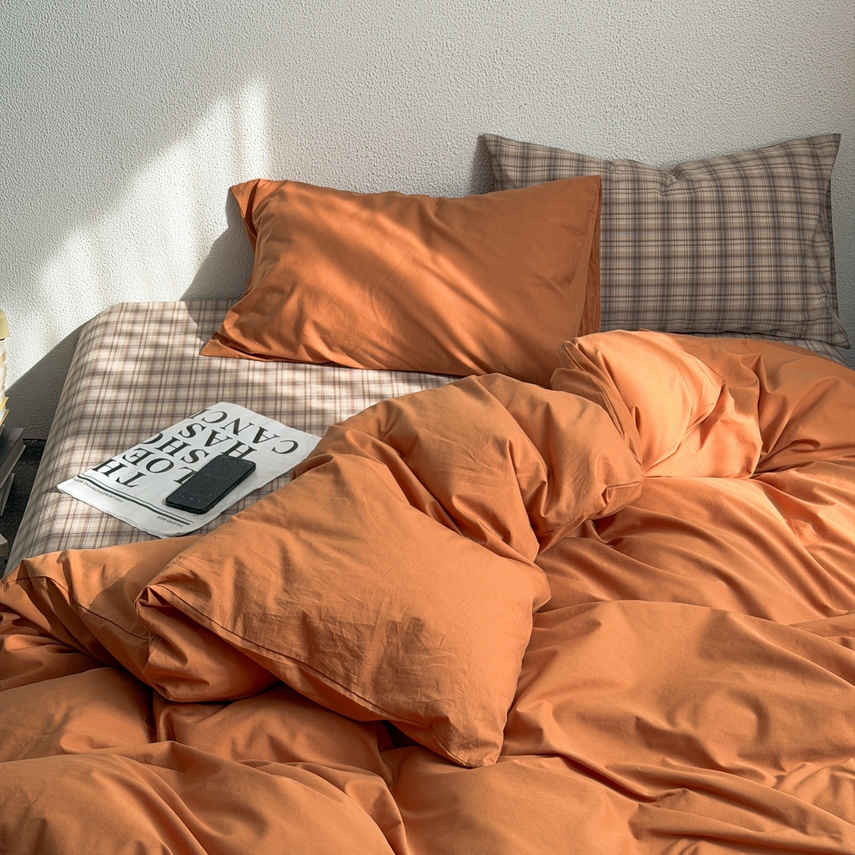 91家纺网 家纺一手货源 找家纺 蜜宿 2026新款全棉纯棉40s水洗棉四件套-橘子茶 橘子茶（枕套格纹）