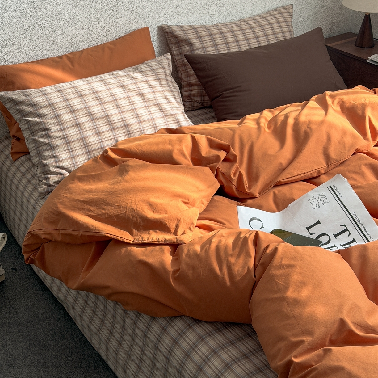 91家纺网 家纺一手货源 找家纺 蜜宿 2026新款全棉纯棉40s水洗棉四件套-橘子茶 橘子茶（枕套南瓜泥+可可棕）