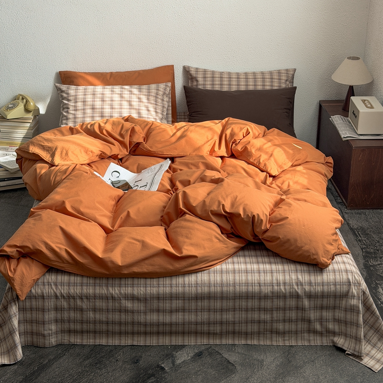 91家纺网 家纺一手货源 找家纺 蜜宿 2026新款全棉纯棉40s水洗棉四件套-橘子茶 橘子茶（枕套南瓜泥+格纹）