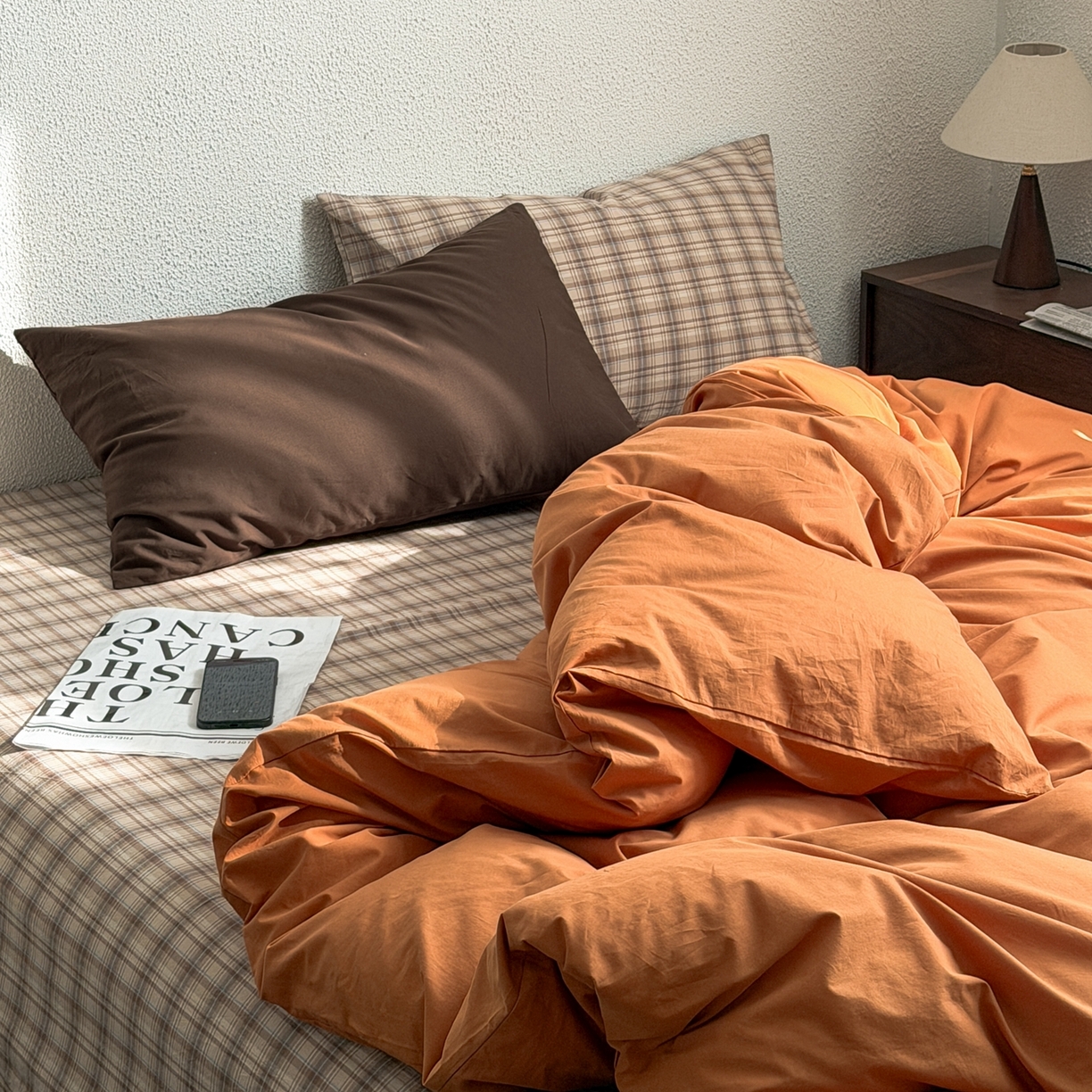 91家纺网 家纺一手货源 找家纺 蜜宿 2026新款全棉纯棉40s水洗棉四件套-橘子茶 橘子茶（枕套南瓜泥+可可棕）