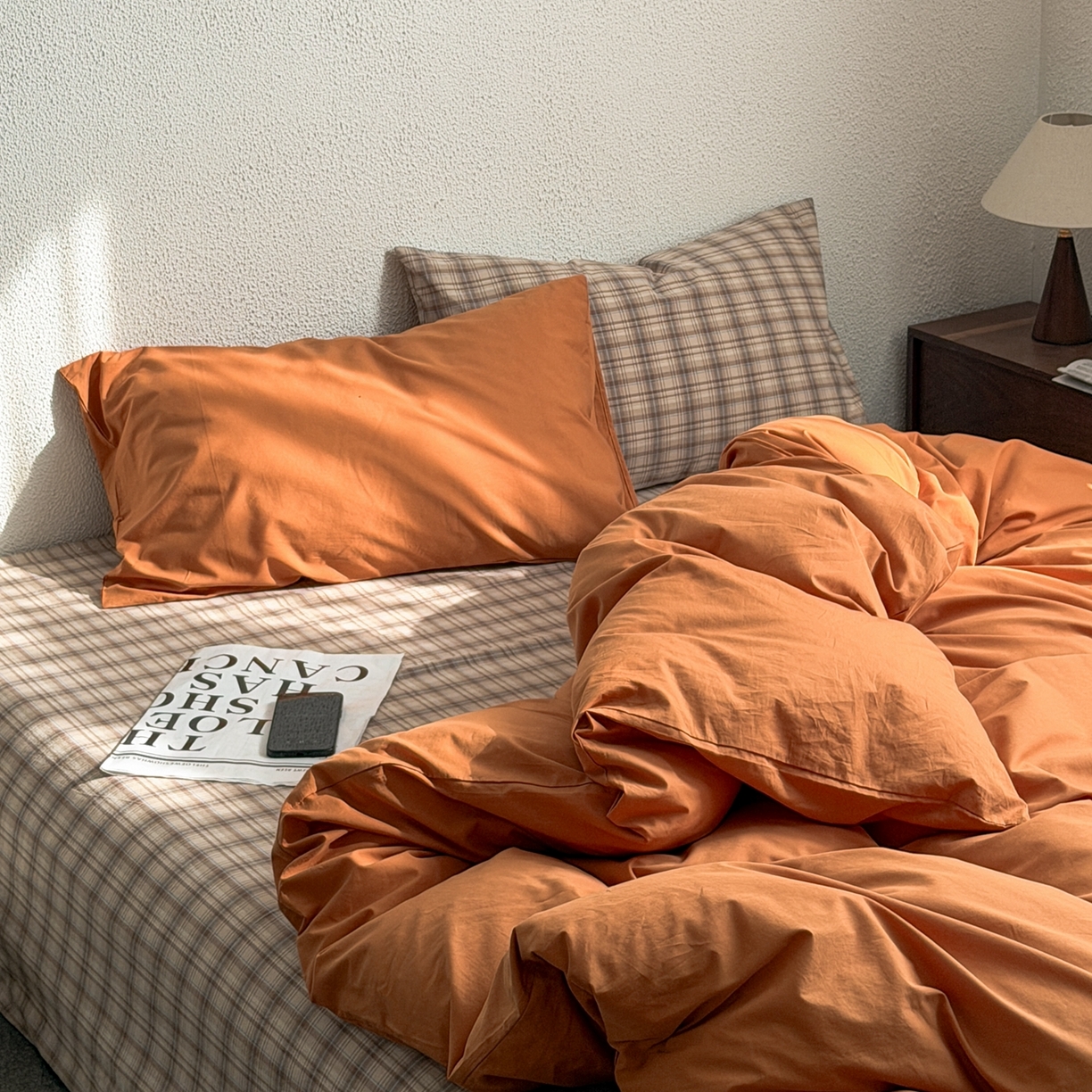 91家纺网 家纺一手货源 找家纺 蜜宿 2026新款全棉纯棉40s水洗棉四件套-橘子茶 橘子茶（枕套可可棕+格纹）