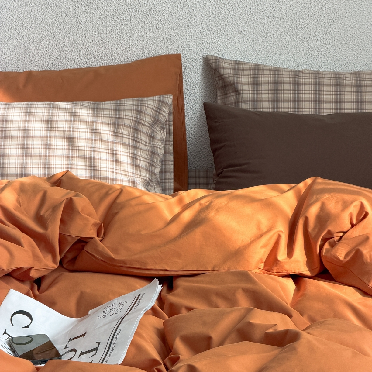 91家纺网 家纺一手货源 找家纺 蜜宿 2026新款全棉纯棉40s水洗棉四件套-橘子茶 橘子茶（枕套南瓜泥+格纹）