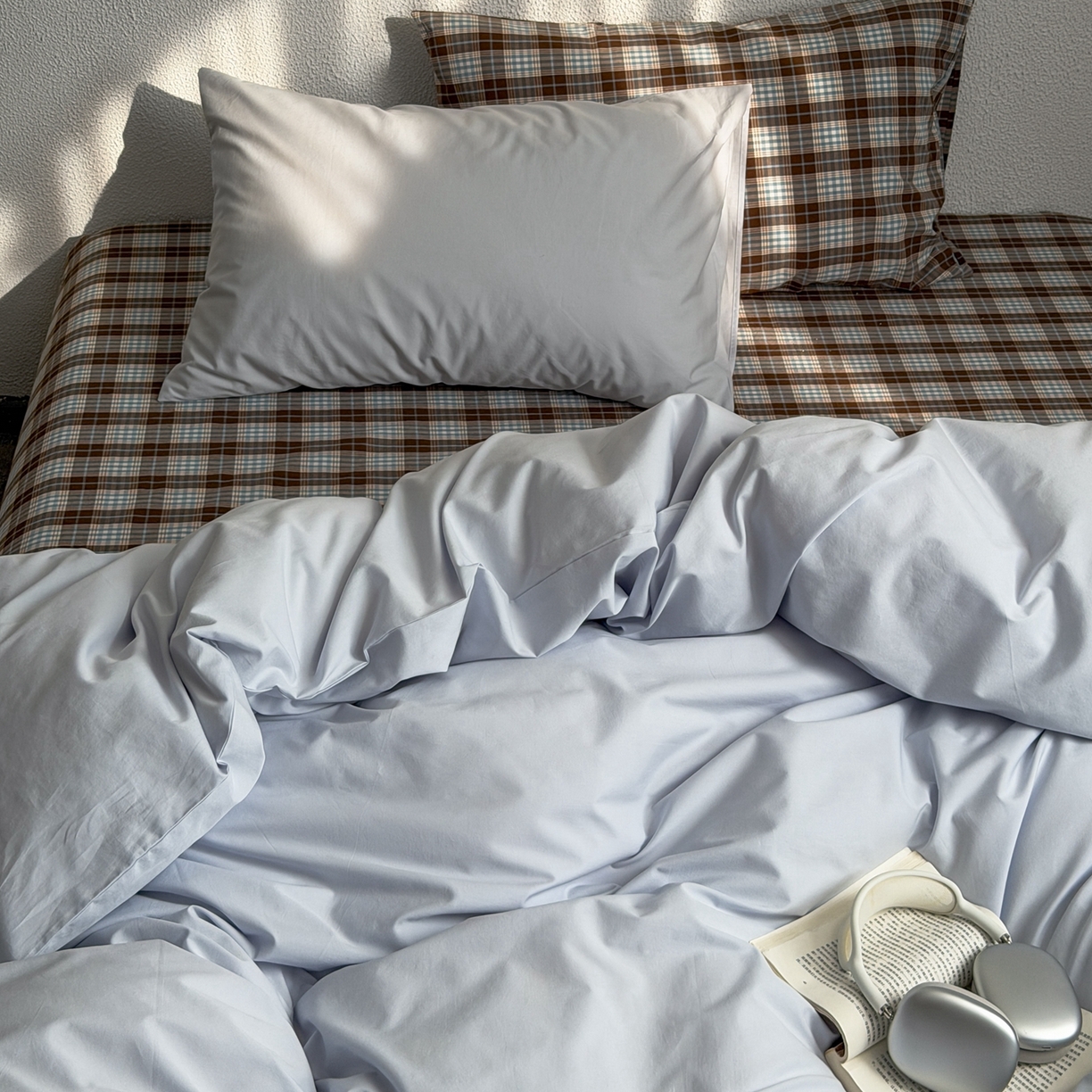 蜜宿 2026新款全棉纯棉40s水洗棉四件套-蓝海日记 蓝海日记（枕套微蓝+格纹）蓝海日记（枕套微蓝+格纹）