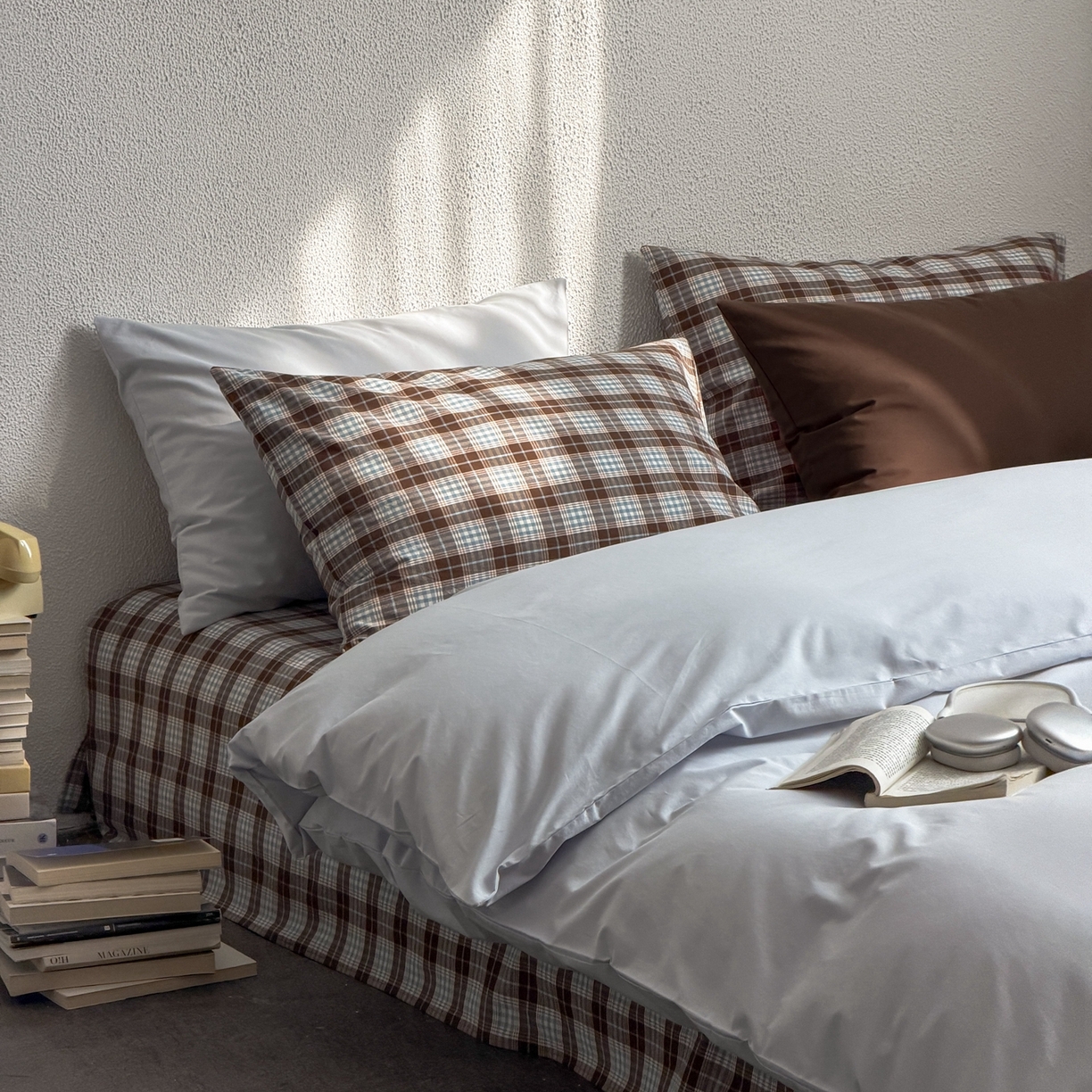 91家纺网 家纺一手货源 找家纺 蜜宿 2026新款全棉纯棉40s水洗棉四件套-蓝海日记 蓝海日记（枕套格纹）