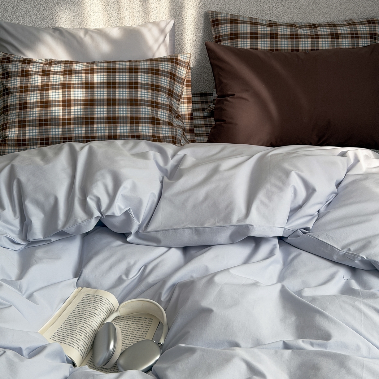 91家纺网 家纺一手货源 找家纺 蜜宿 2026新款全棉纯棉40s水洗棉四件套-蓝海日记 蓝海日记（枕套可可棕+格纹）