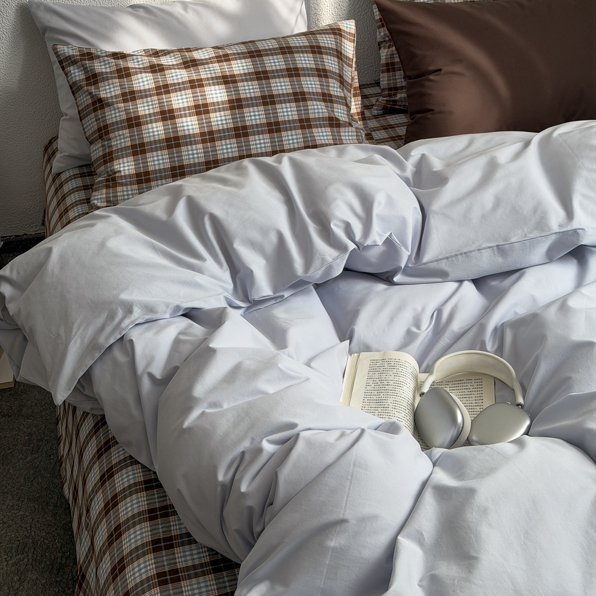 91家纺网 家纺一手货源 找家纺 蜜宿 2026新款全棉纯棉40s水洗棉四件套-蓝海日记 蓝海日记（枕套可可棕+格纹）