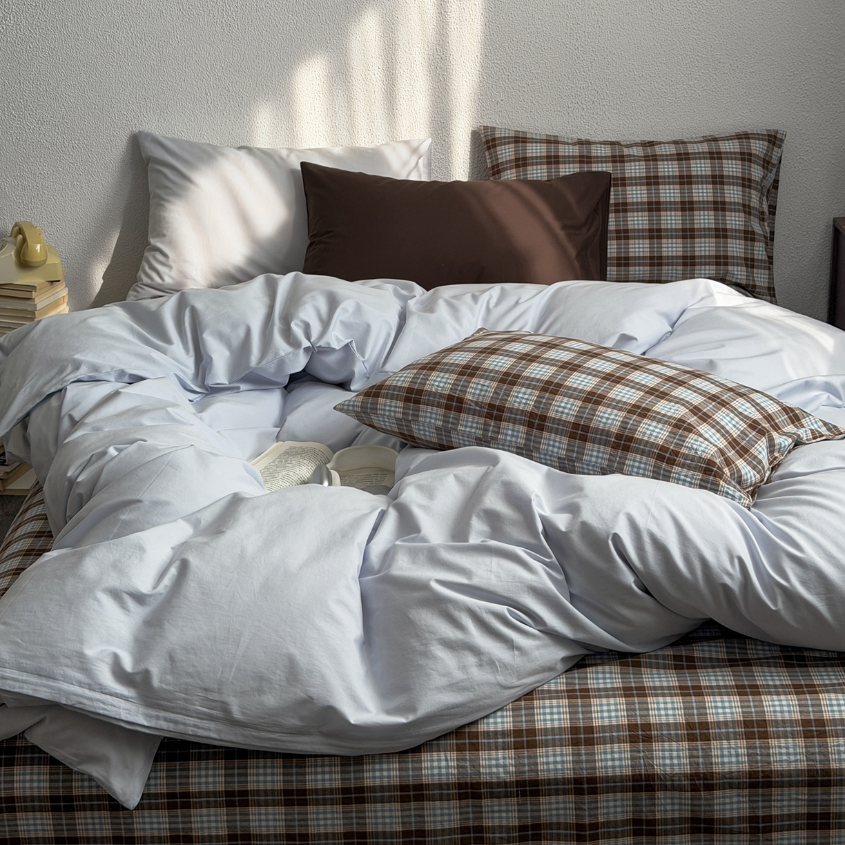 91家纺网 家纺一手货源 找家纺 蜜宿 2026新款全棉纯棉40s水洗棉四件套-蓝海日记 蓝海日记（枕套微蓝+可可棕）