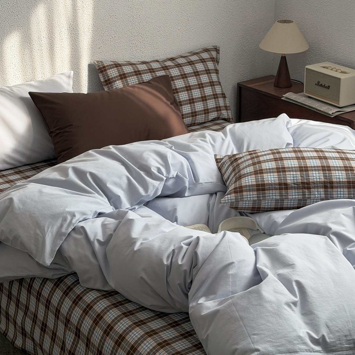 91家纺网 家纺一手货源 找家纺 蜜宿 2026新款全棉纯棉40s水洗棉四件套-蓝海日记 蓝海日记（枕套可可棕+格纹）