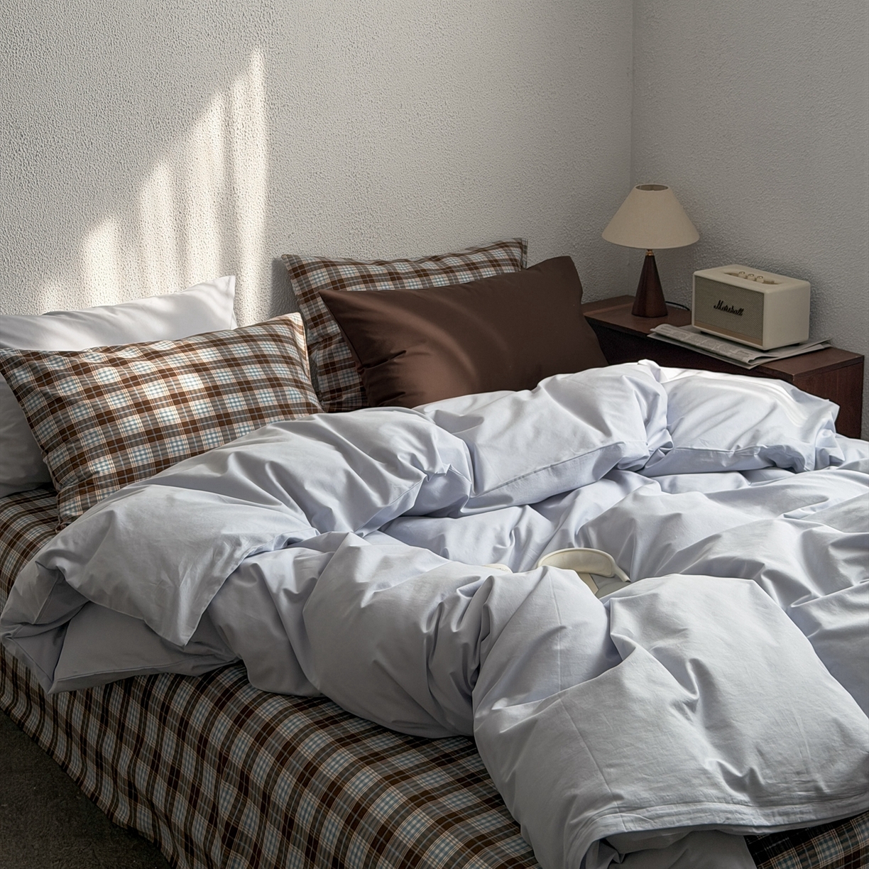 91家纺网 家纺一手货源 找家纺 蜜宿 2026新款全棉纯棉40s水洗棉四件套-蓝海日记 蓝海日记（枕套微蓝+可可棕）