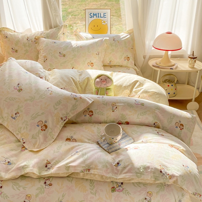 91家纺网 家纺一手货源 找家纺 朵安家纺 2026春夏新款12868全棉纯棉斜纹印花四件套 史努比聚会