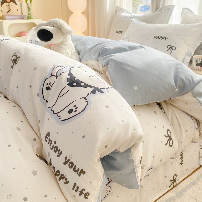 朵安家纺 2026春夏新款12868全棉纯棉斜纹印花四件套 松糕小狗