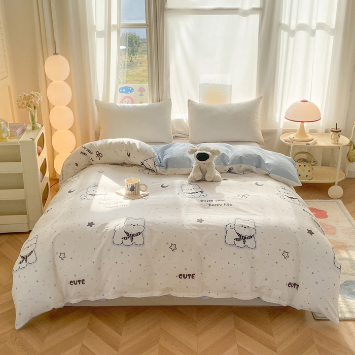 91家纺网 家纺一手货源 找家纺 朵安家纺 2026春夏新款12868全棉纯棉斜纹印花四件套 松糕小狗