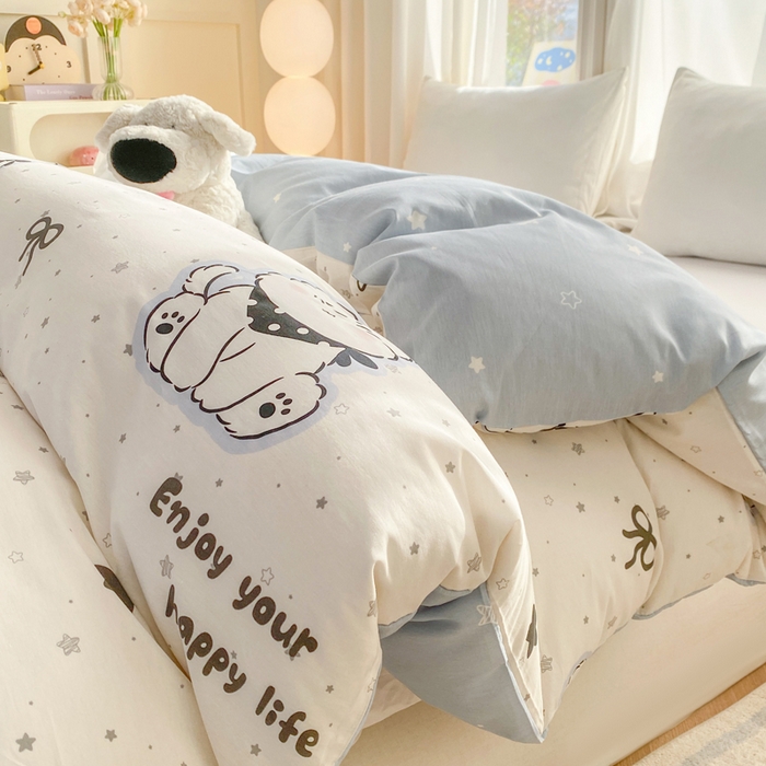 91家纺网 家纺一手货源 找家纺 朵安家纺 2026春夏新款12868全棉纯棉斜纹印花四件套 松糕小狗