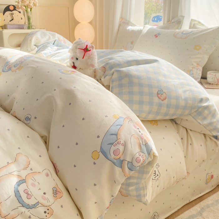 朵安家纺 2026春夏新款12868全棉纯棉斜纹印花四件套 可爱猫