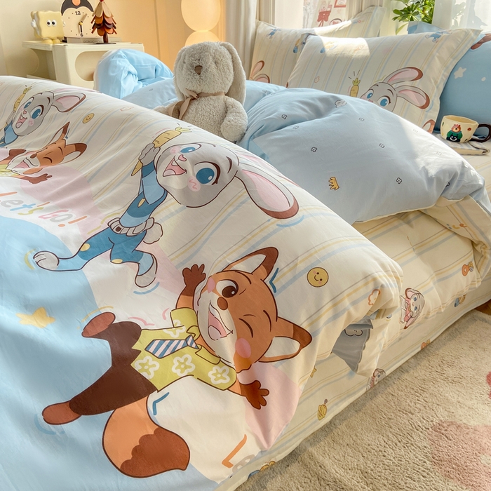 91家纺网 家纺一手货源 找家纺 朵安家纺 2026春夏新款12868全棉纯棉斜纹印花四件套 动物城