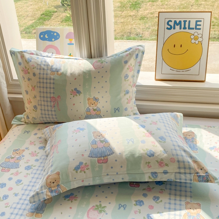 朵安家纺 2026春夏新款12868全棉纯棉斜纹印花单枕套 枕套单件 法式背带熊