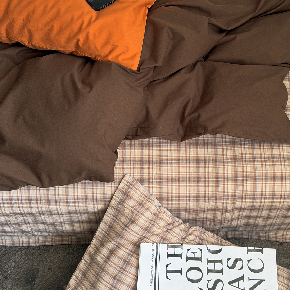 91家纺网 家纺一手货源 找家纺 蜜宿 2026新款全棉40s水洗棉四件套-摩卡可可 摩卡可可（枕套格纹）