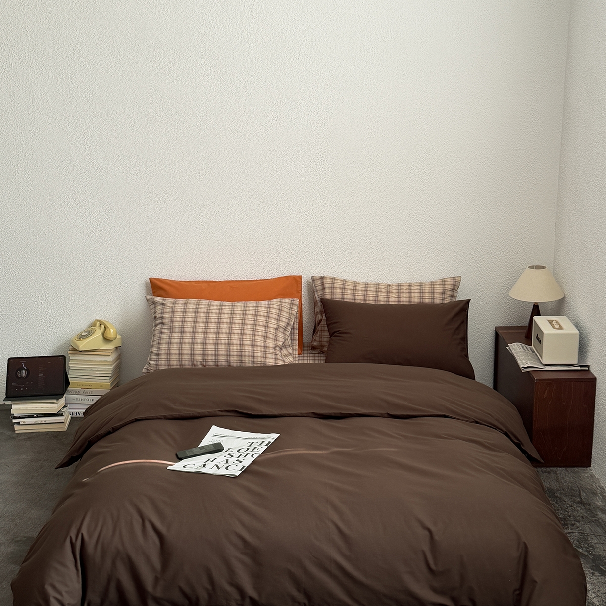 91家纺网 家纺一手货源 找家纺 蜜宿 2026新款全棉40s水洗棉四件套-摩卡可可 摩卡可可（枕套可可棕+格纹）