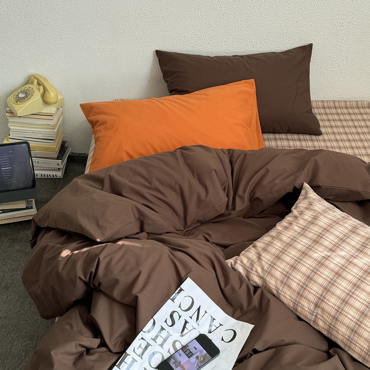 91家纺网 家纺一手货源 找家纺 蜜宿 2026新款全棉40s水洗棉四件套-摩卡可可 摩卡可可（枕套南瓜泥+格纹）