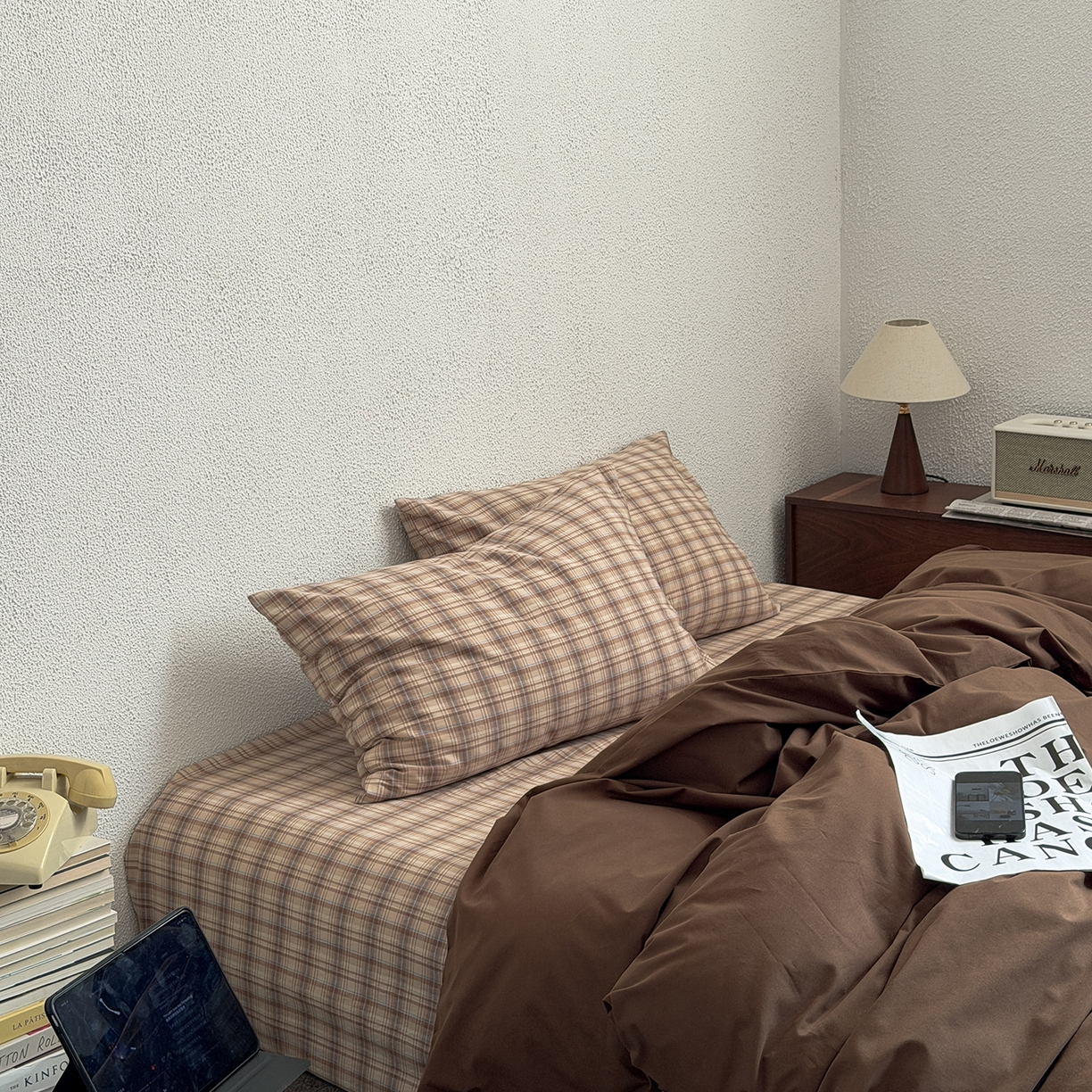 91家纺网 家纺一手货源 找家纺 蜜宿 2026新款全棉40s水洗棉四件套-摩卡可可 摩卡可可（枕套可可棕+格纹）