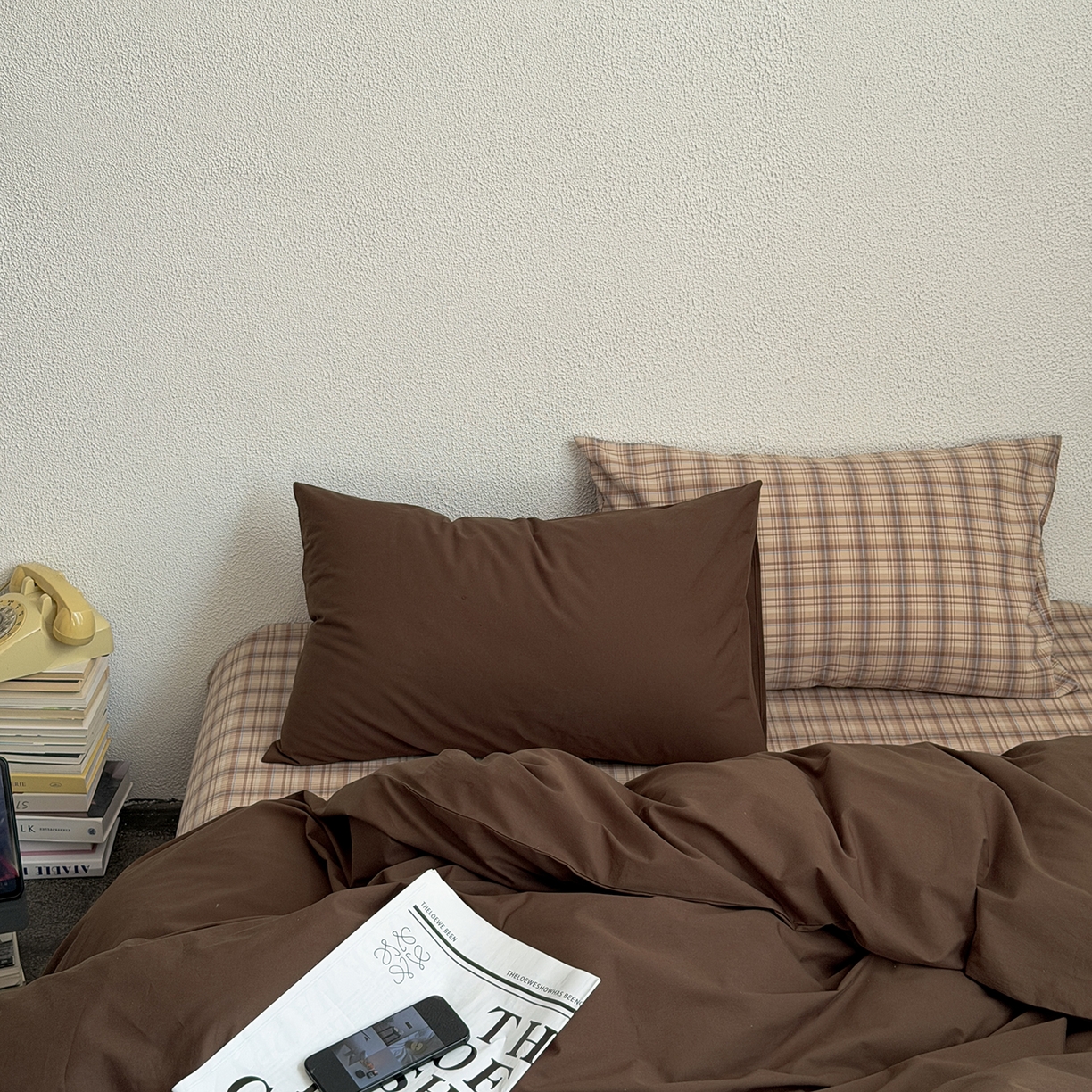 91家纺网 家纺一手货源 找家纺 蜜宿 2026新款全棉40s水洗棉四件套-摩卡可可 摩卡可可（枕套南瓜泥+格纹）