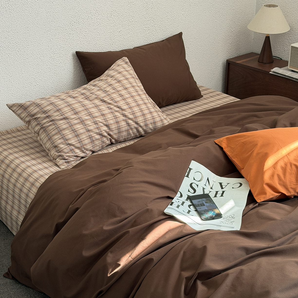 91家纺网 家纺一手货源 找家纺 蜜宿 2026新款全棉40s水洗棉四件套-摩卡可可 摩卡可可（枕套南瓜泥+可可棕）
