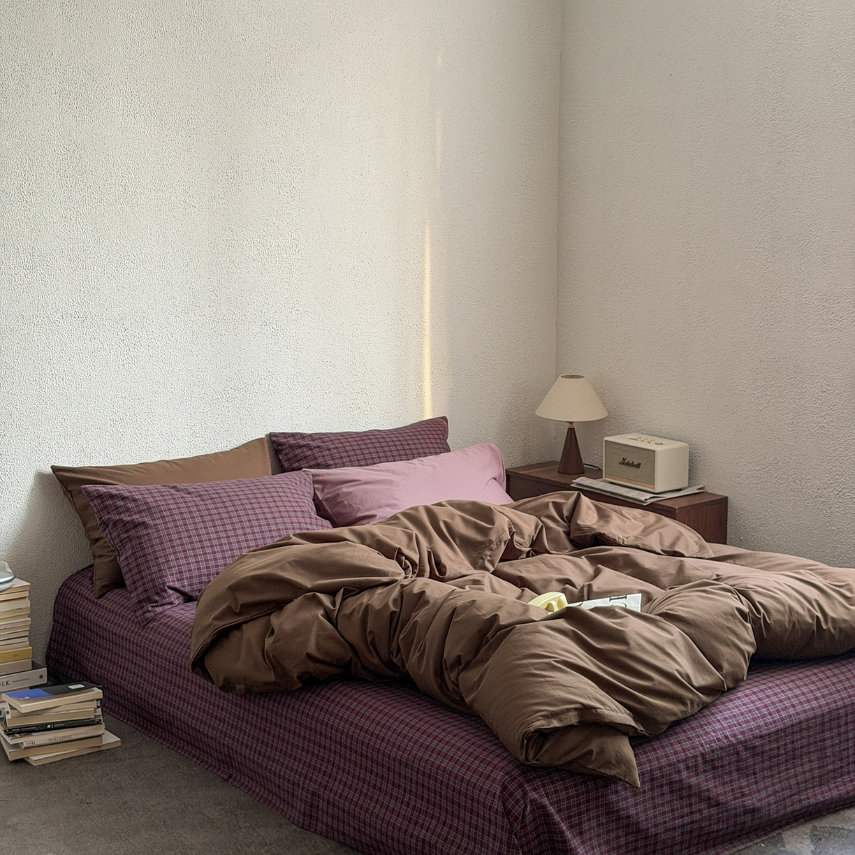 91家纺网 家纺一手货源 找家纺 蜜宿 2026新款全棉40s水洗棉四件套-生巧紫酱 生巧紫酱（枕套可可棕+格纹）