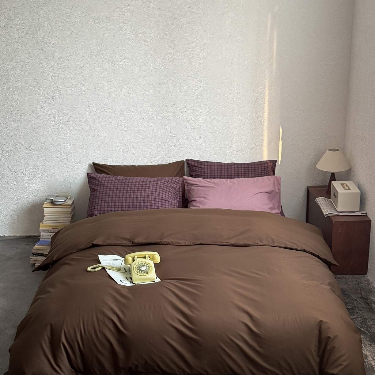 91家纺网 家纺一手货源 找家纺 蜜宿 2026新款全棉40s水洗棉四件套-生巧紫酱 生巧紫酱（枕套胭脂紫+格纹）