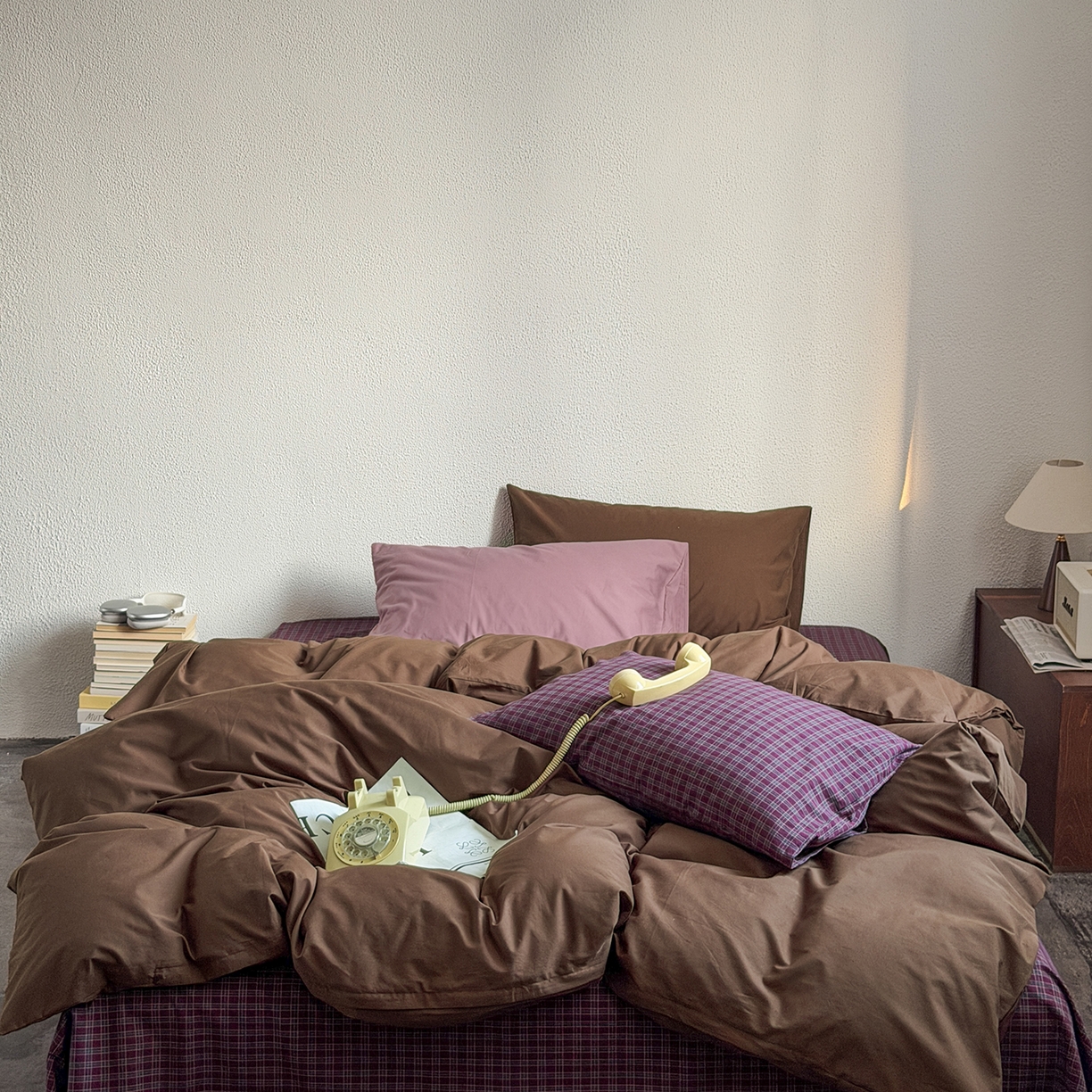 91家纺网 家纺一手货源 找家纺 蜜宿 2026新款全棉40s水洗棉四件套-生巧紫酱 生巧紫酱（枕套胭脂紫+可可棕）