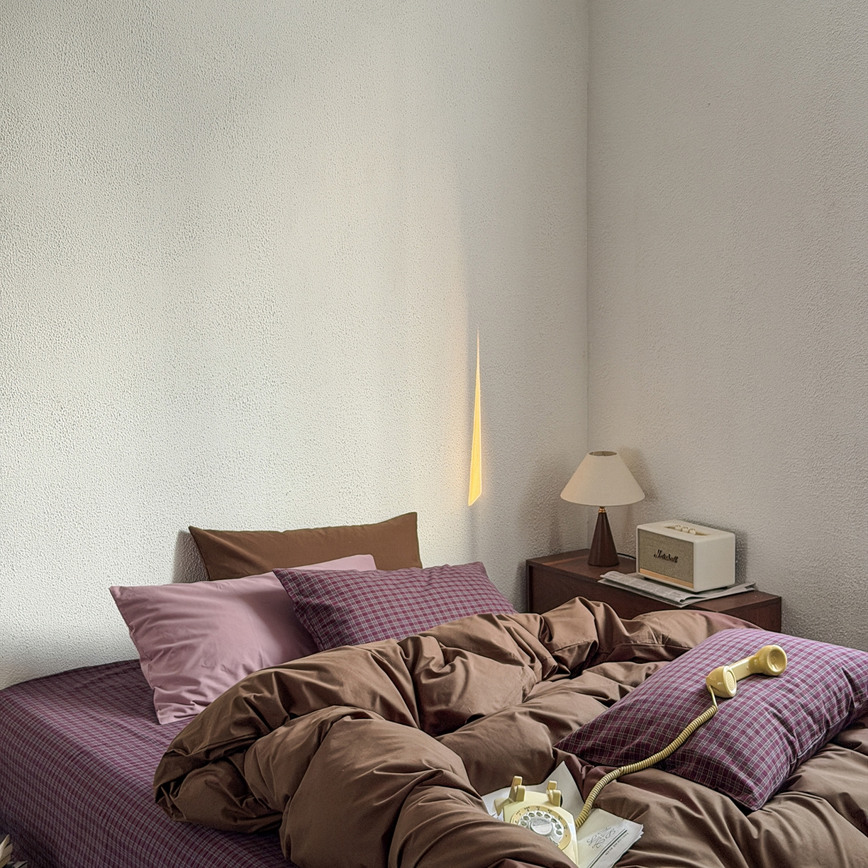 91家纺网 家纺一手货源 找家纺 蜜宿 2026新款全棉40s水洗棉四件套-生巧紫酱 生巧紫酱（枕套胭脂紫+格纹）