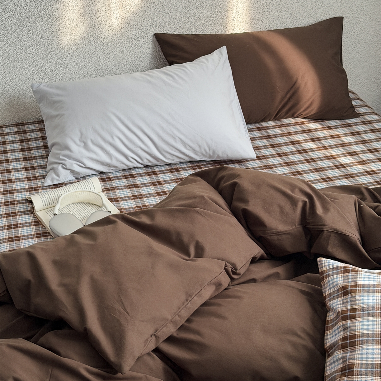 91家纺网 家纺一手货源 找家纺 蜜宿 2026新款全棉40s水洗棉四件套-西西里岛 西西里岛（枕套格纹+可可棕）
