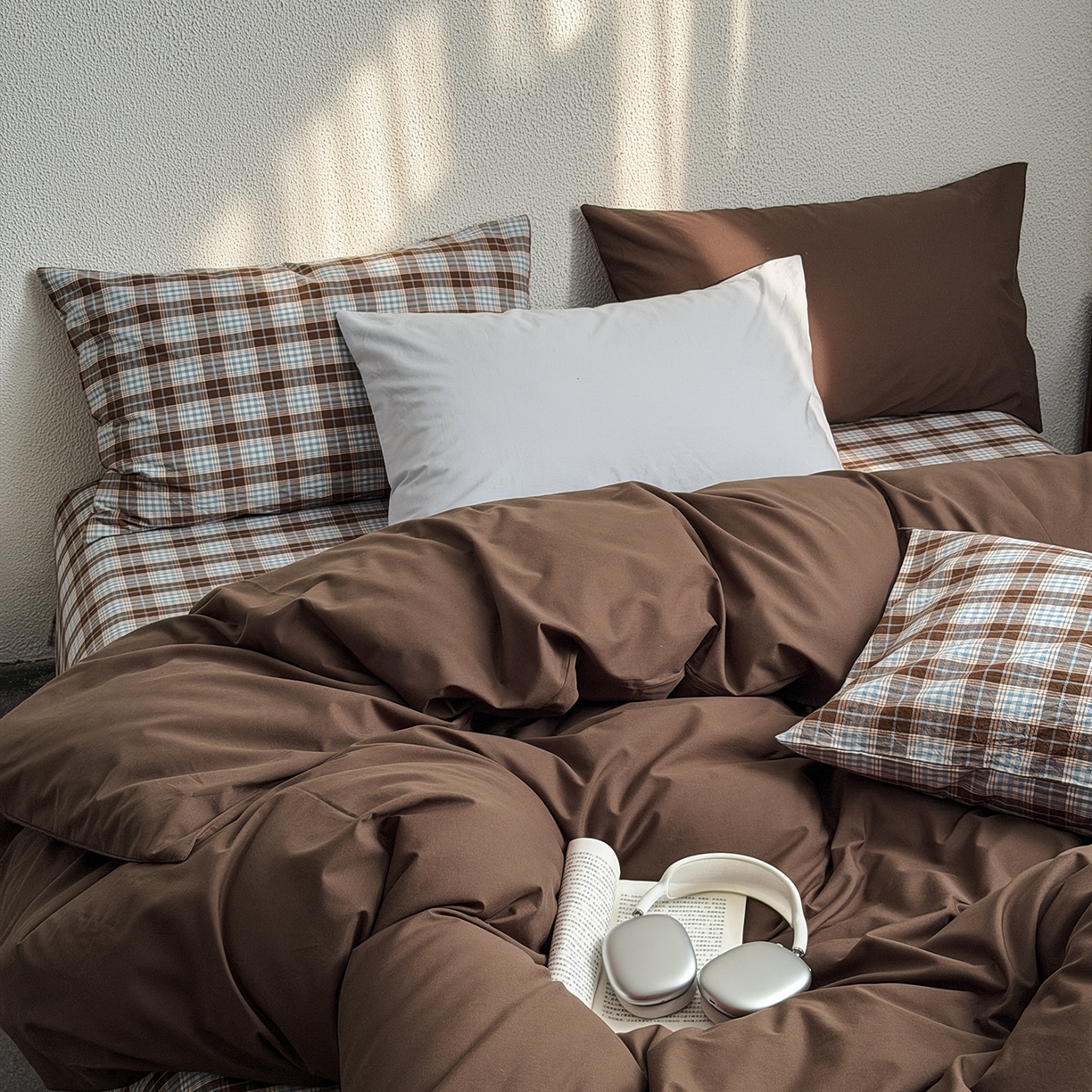 91家纺网 家纺一手货源 找家纺 蜜宿 2026新款全棉40s水洗棉四件套-西西里岛 西西里岛（枕套格纹+可可棕）