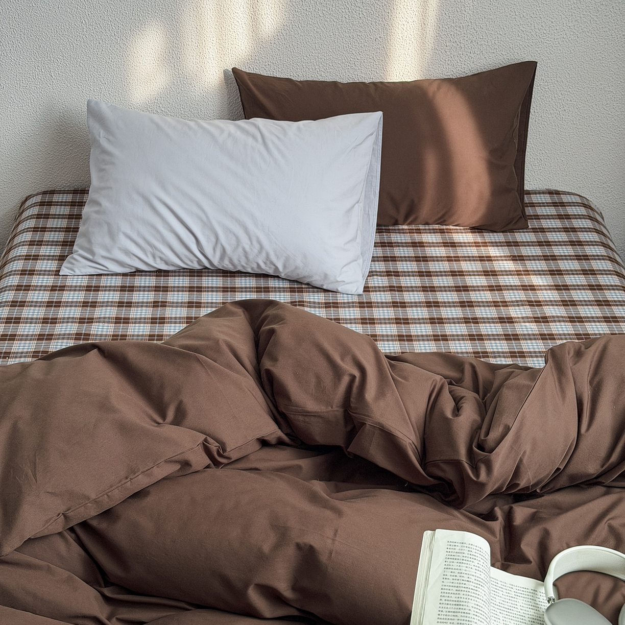 蜜宿 2026新款全棉40s水洗棉四件套-西西里岛 西西里岛（枕套微蓝+可可棕）