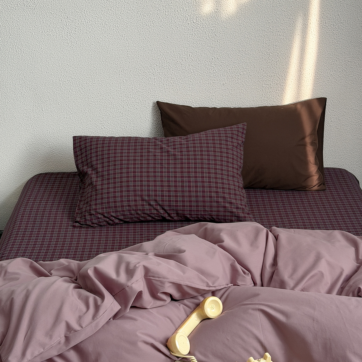 91家纺网 家纺一手货源 找家纺 蜜宿 2026新款全棉40s水洗棉四件套-紫雾海 紫雾海（枕套格纹+可可棕）