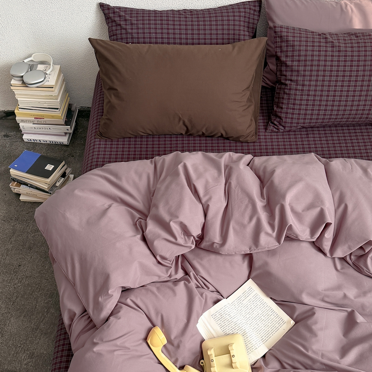 91家纺网 家纺一手货源 找家纺 蜜宿 2026新款全棉40s水洗棉四件套-紫雾海 紫雾海（枕套格纹+可可棕）