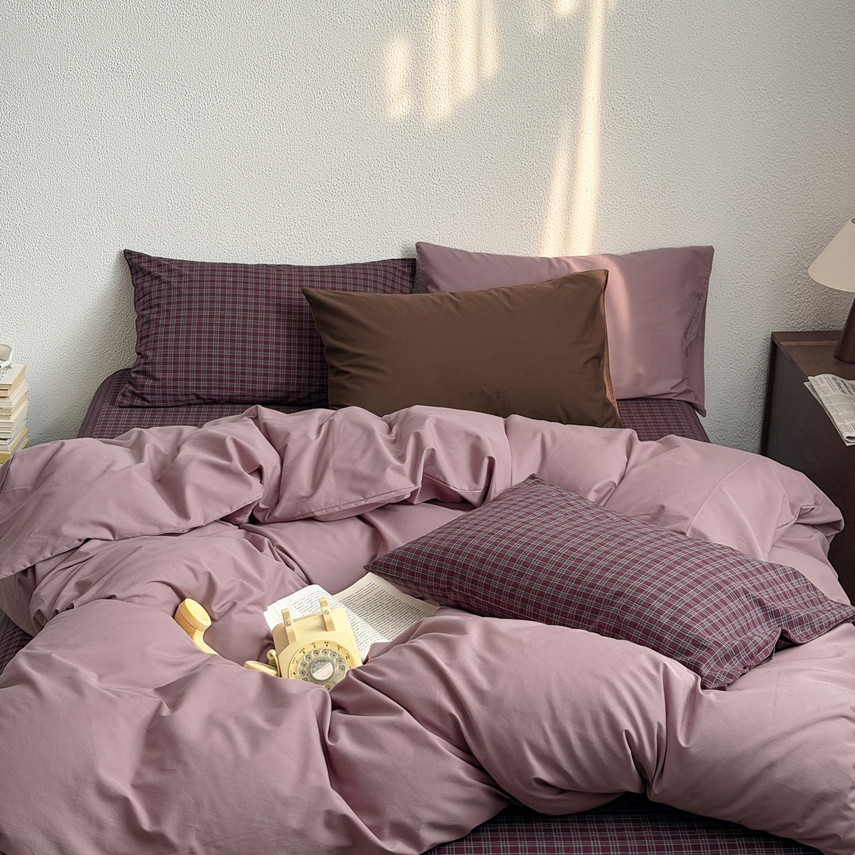 91家纺网 家纺一手货源 找家纺 蜜宿 2026新款全棉40s水洗棉四件套-紫雾海 紫雾海（枕套可可棕+胭脂紫）