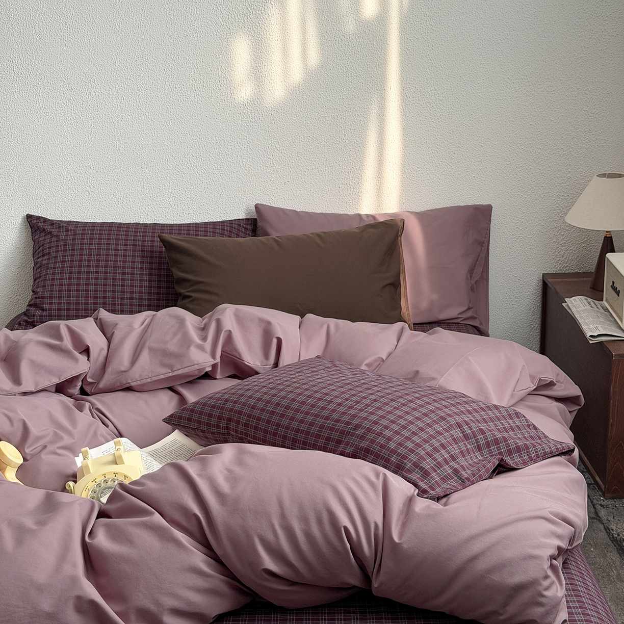 91家纺网 家纺一手货源 找家纺 蜜宿 2026新款全棉40s水洗棉四件套-紫雾海 紫雾海（枕套格纹）