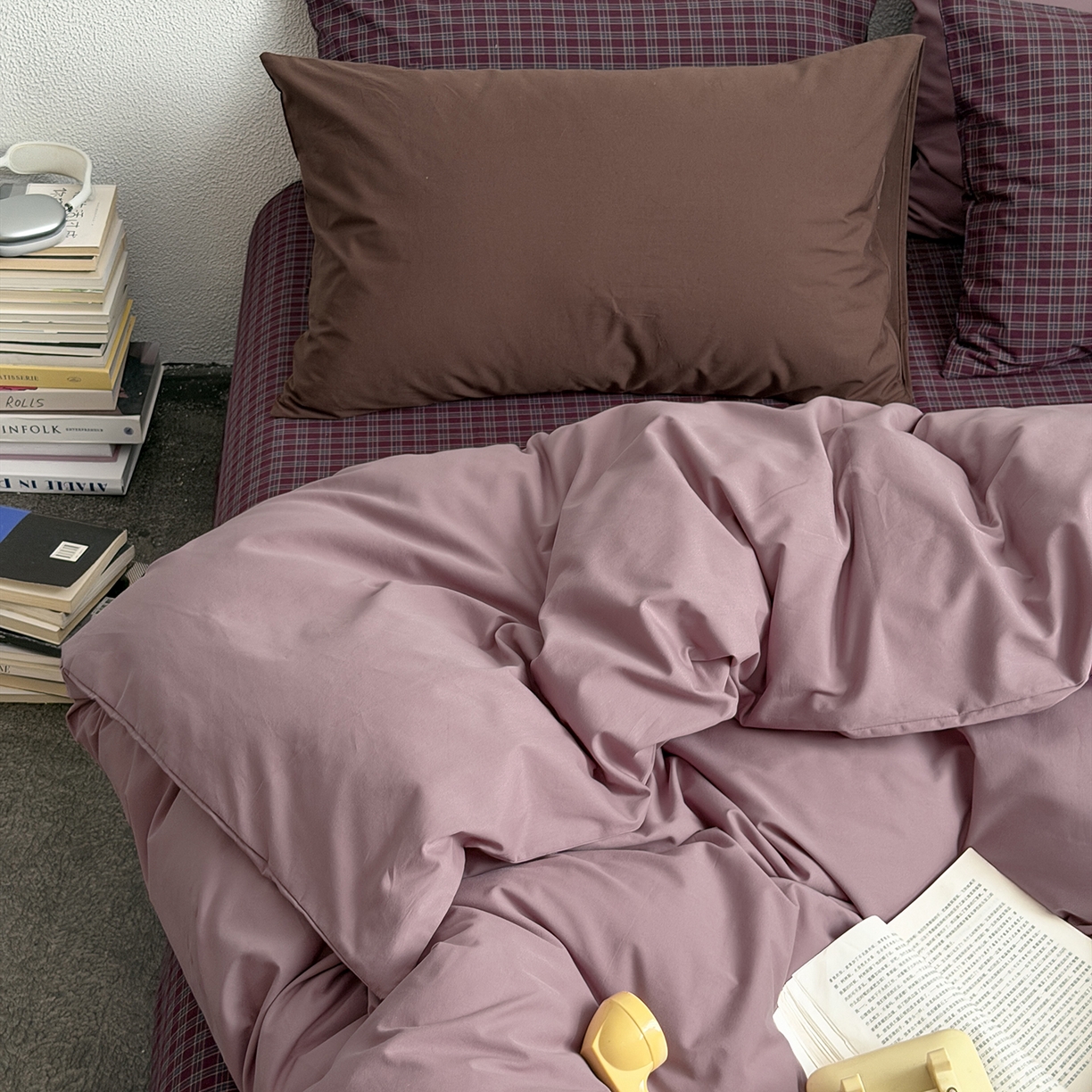 91家纺网 家纺一手货源 找家纺 蜜宿 2026新款全棉40s水洗棉四件套-紫雾海 紫雾海（枕套格纹+胭脂紫）