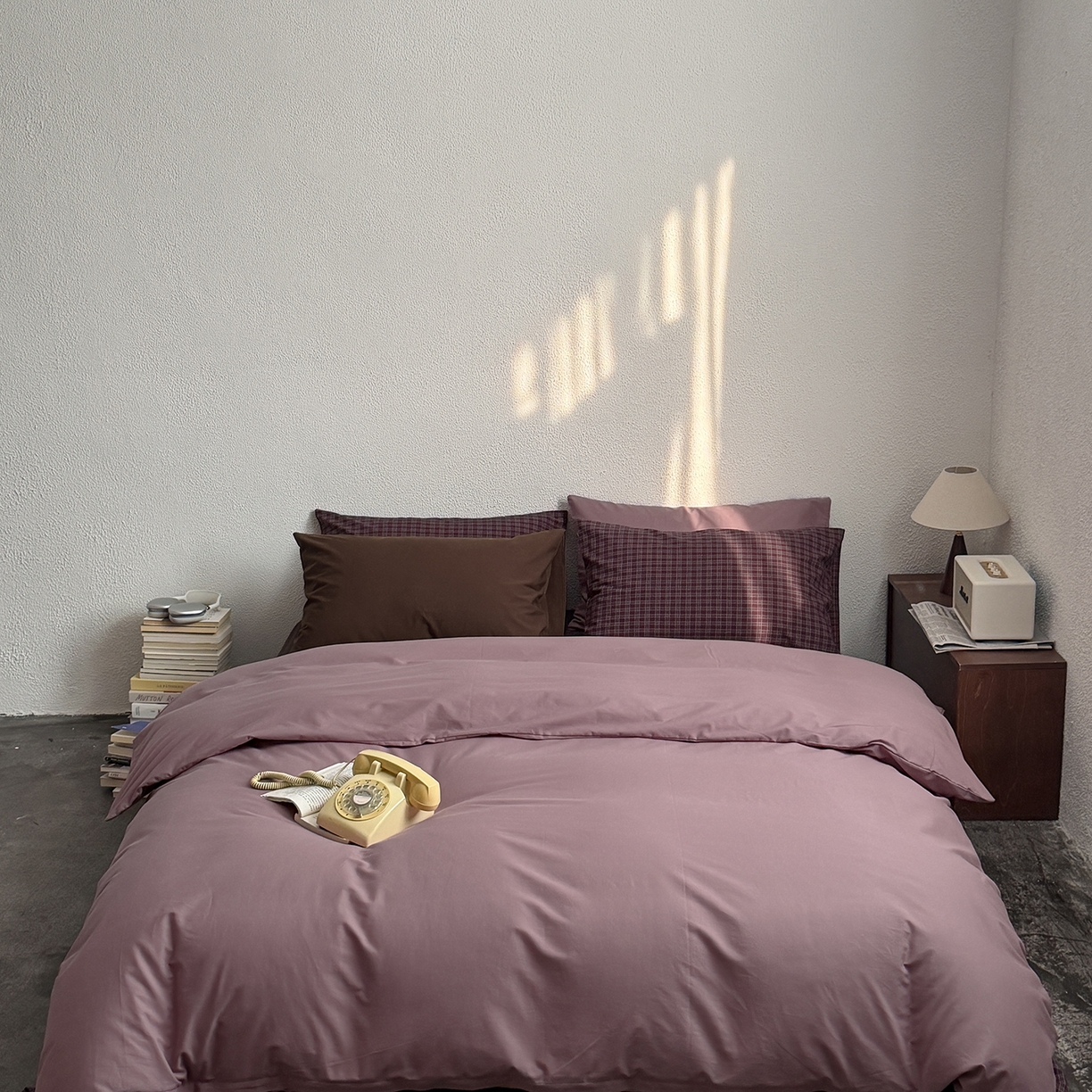 91家纺网 家纺一手货源 找家纺 蜜宿 2026新款全棉40s水洗棉四件套-紫雾海 紫雾海（枕套格纹+胭脂紫）