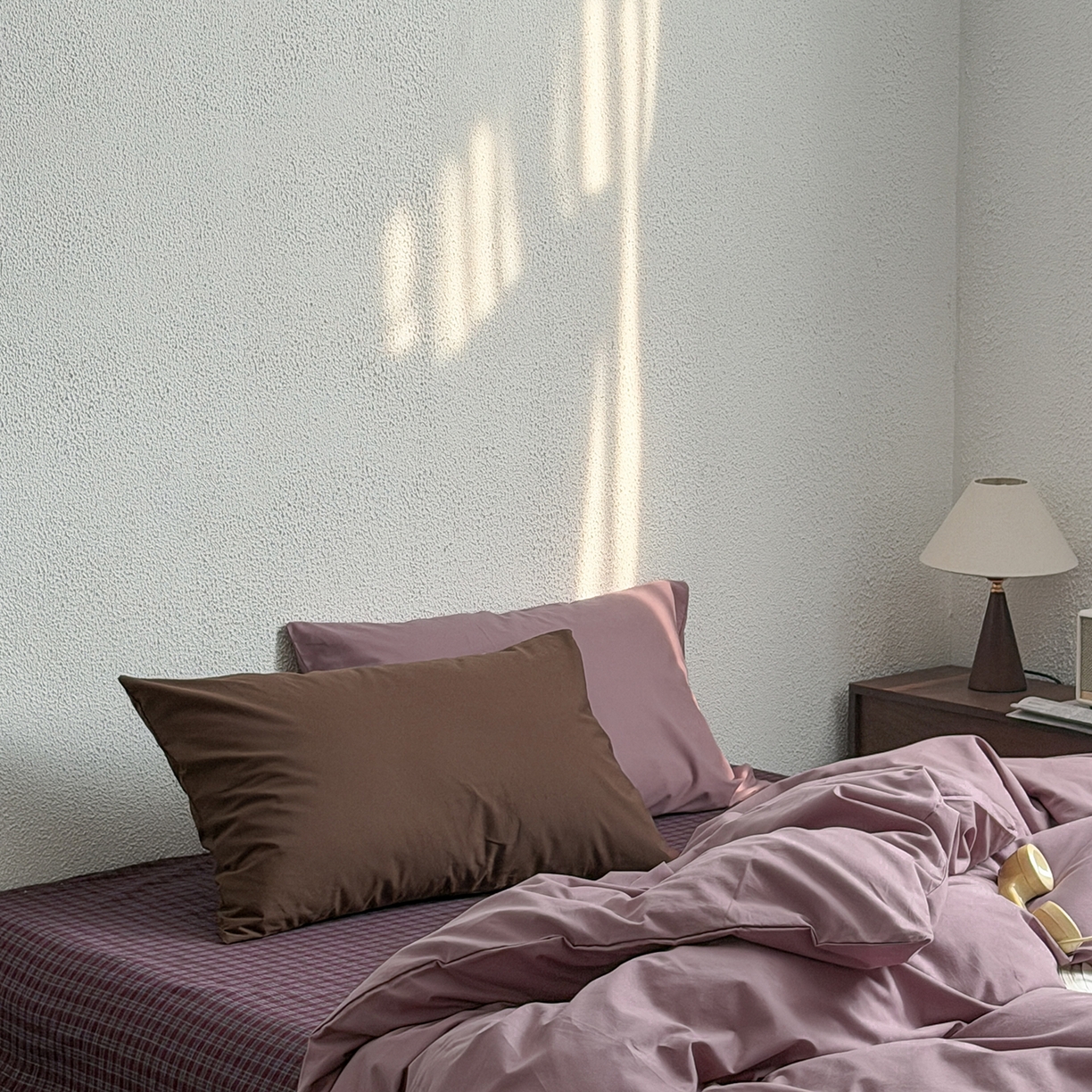 91家纺网 家纺一手货源 找家纺 蜜宿 2026新款全棉40s水洗棉四件套-紫雾海 紫雾海（枕套格纹+胭脂紫）