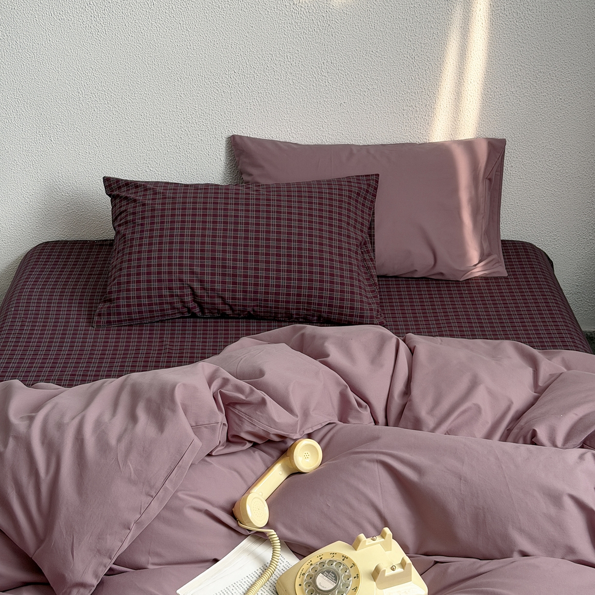 蜜宿 2026新款全棉40s水洗棉四件套-紫雾海 紫雾海（枕套格纹+胭脂紫）