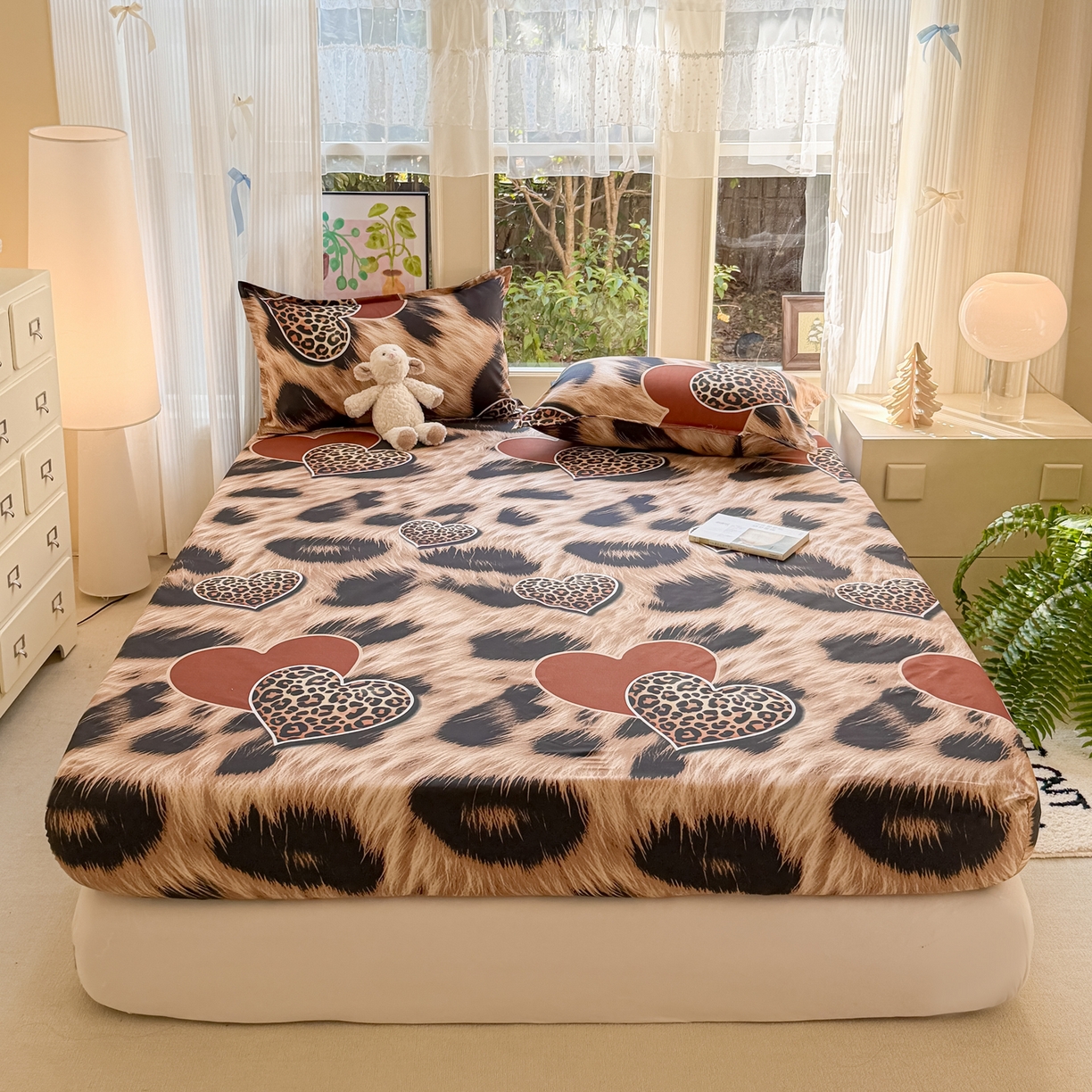 91家纺网 家纺一手货源 找家纺 赫然家纺 2026新款芦荟棉床笠三件套（床笠+枕套） 爱心豹纹