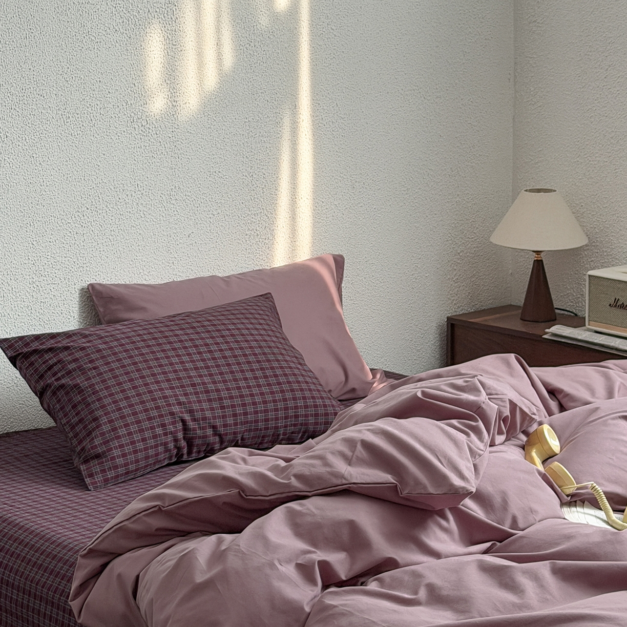 91家纺网 家纺一手货源 找家纺 蜜宿 2026新款全棉40s水洗棉四件套-紫雾海 紫雾海（枕套格纹+胭脂紫）
