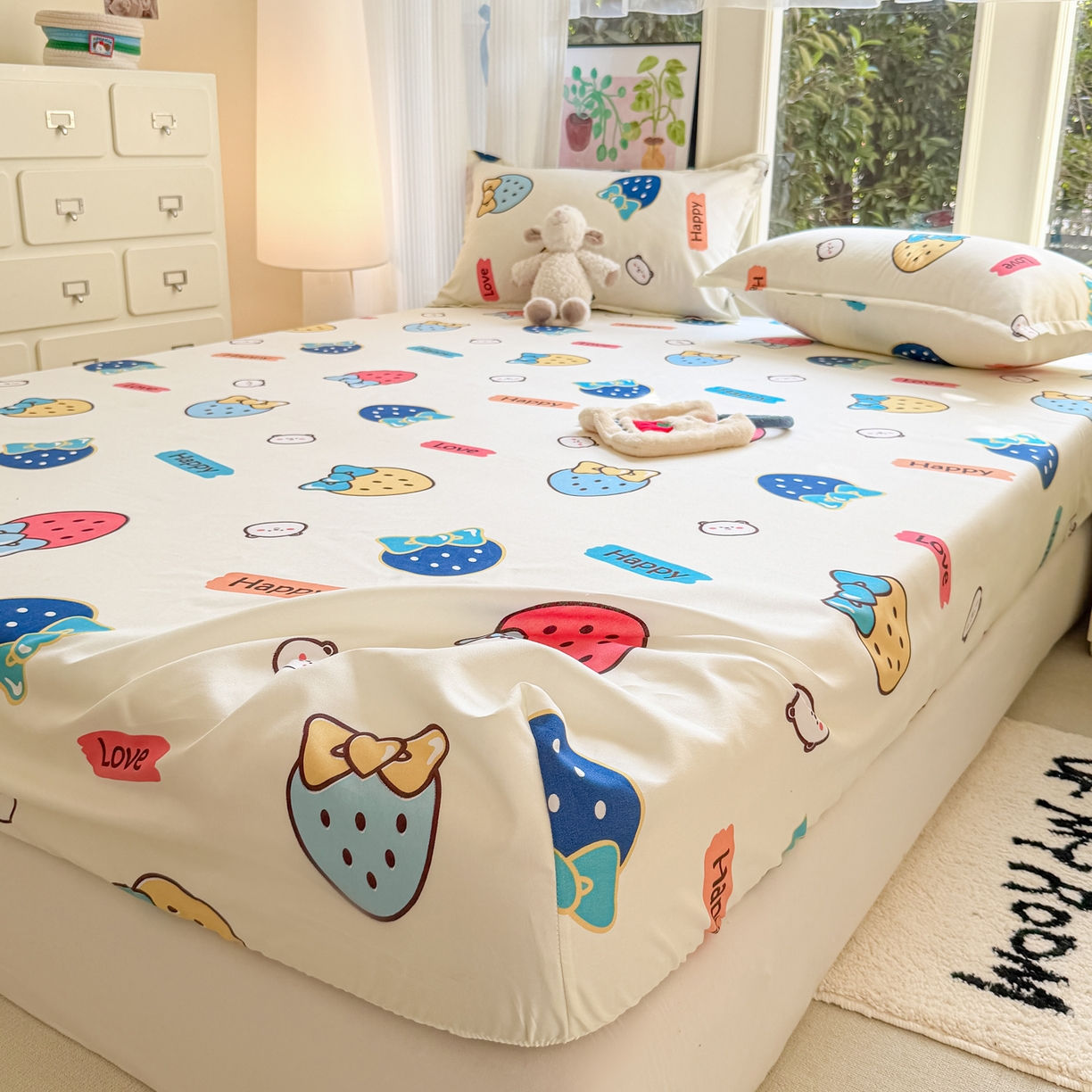 91家纺网 家纺一手货源 找家纺 赫然家纺 2026新款芦荟棉床笠三件套（床笠+枕套） 草莓乐园