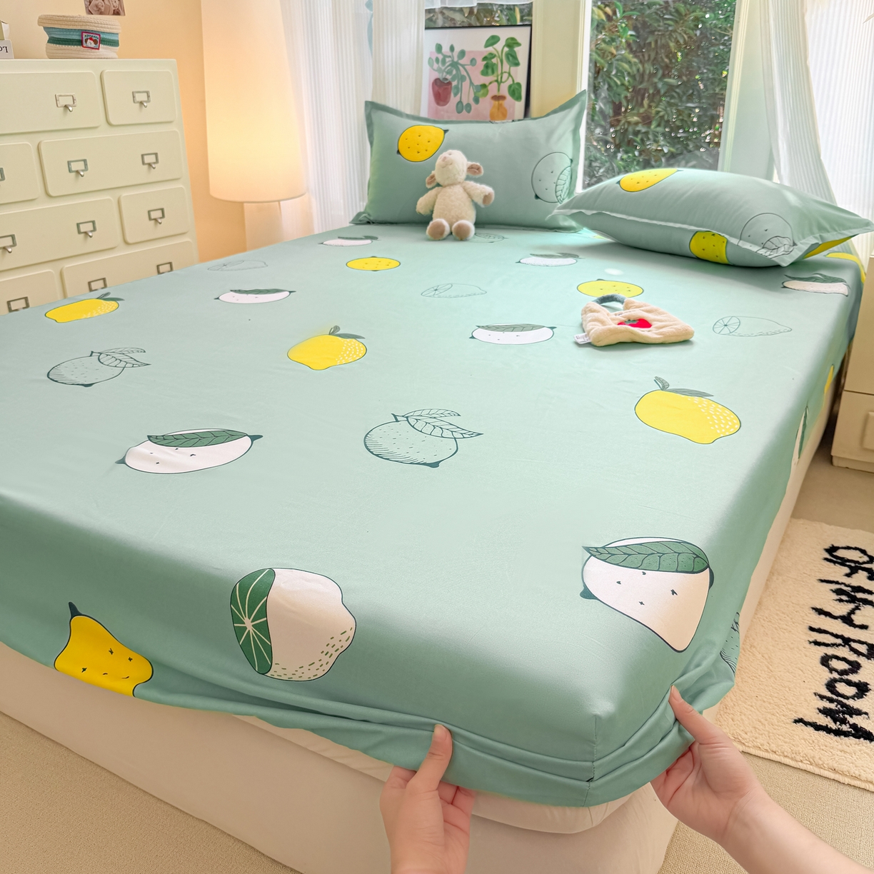 91家纺网 家纺一手货源 找家纺 赫然家纺 2026新款芦荟棉床笠三件套（床笠+枕套） 清新夏日