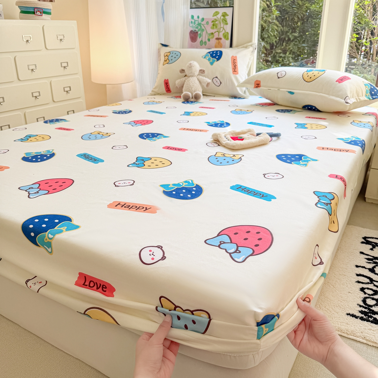 91家纺网 家纺一手货源 找家纺 赫然家纺 2026新款芦荟棉床笠三件套（床笠+枕套） 草莓乐园