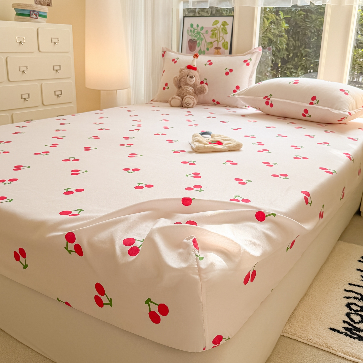 91家纺网 家纺一手货源 找家纺 赫然家纺 2026新款芦荟棉床笠三件套（床笠+枕套） 小樱桃